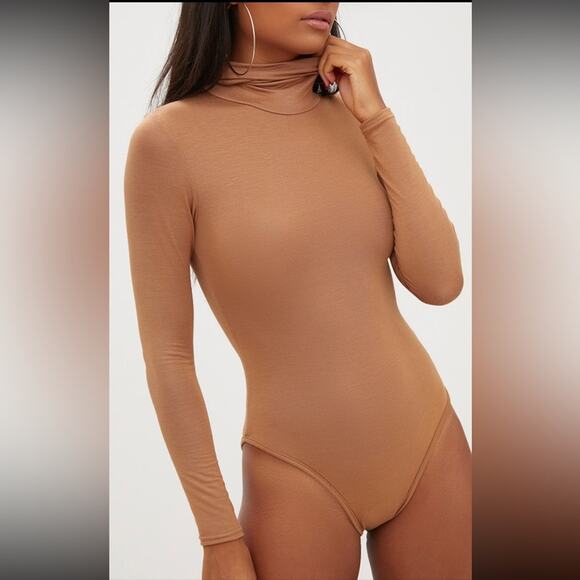 NWT Pretty Little Thing Turtleneck Bodysuit Womens 10 Camel Brown Neutral Basic - Picture 2 of 7